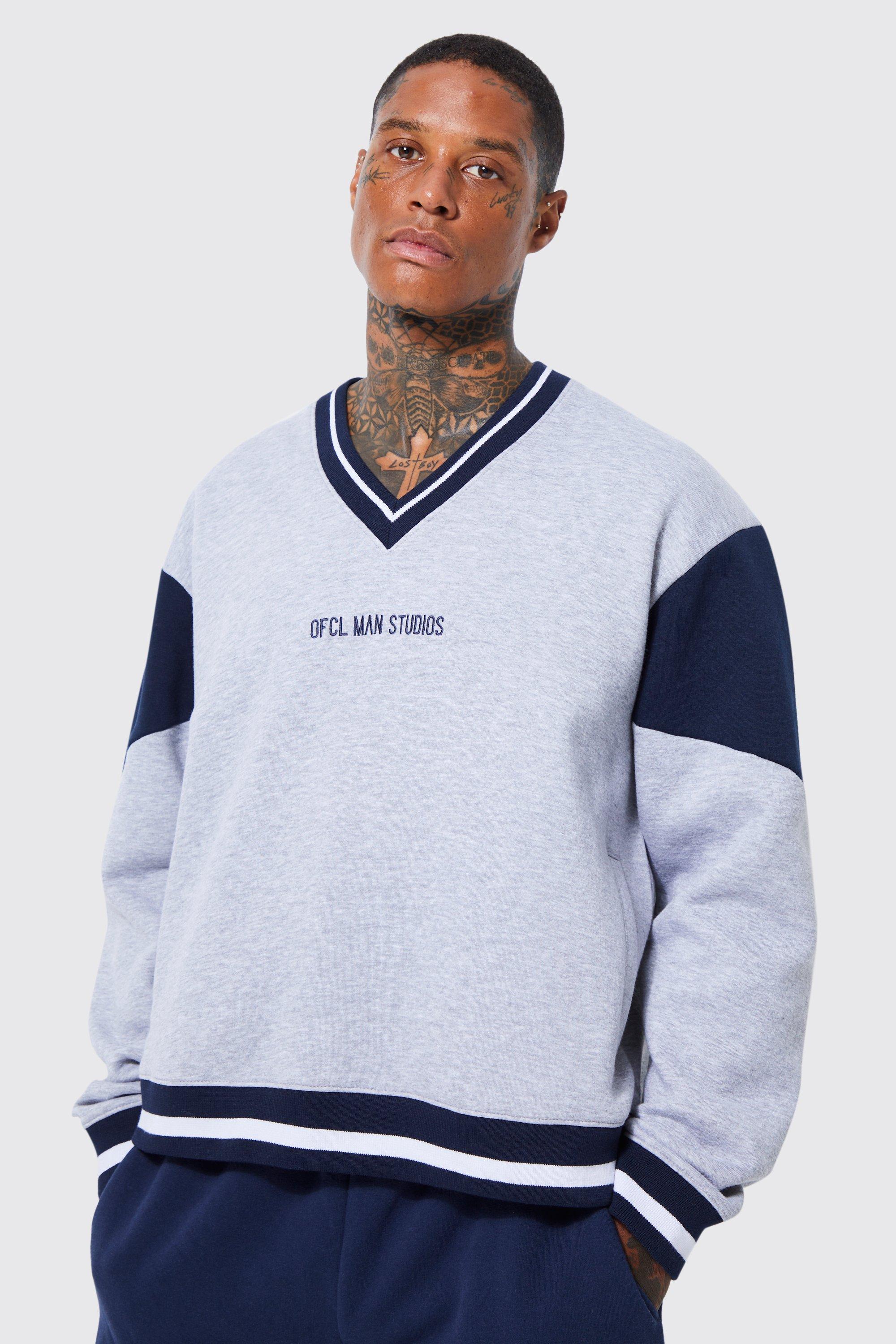 Oversized Boxy V-neck Varsity Sweatshirt | boohooMAN USA